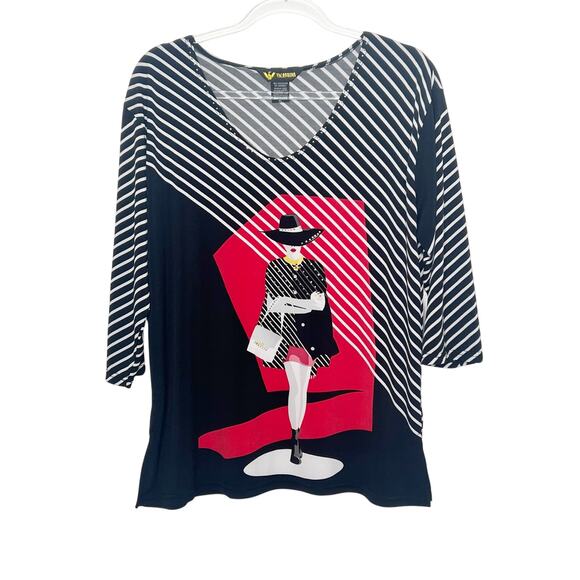 VALENTINA Chic In Red Blouse 3/4 Sleeve Scoop Neck Beaded Black White Red Size L - Picture 7 of 7